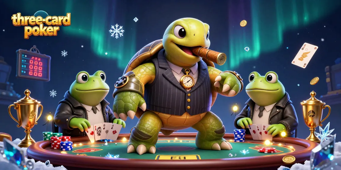 Experience the thrill of three-card-poker with a lively casino illustration featuring dynamic poker elements.