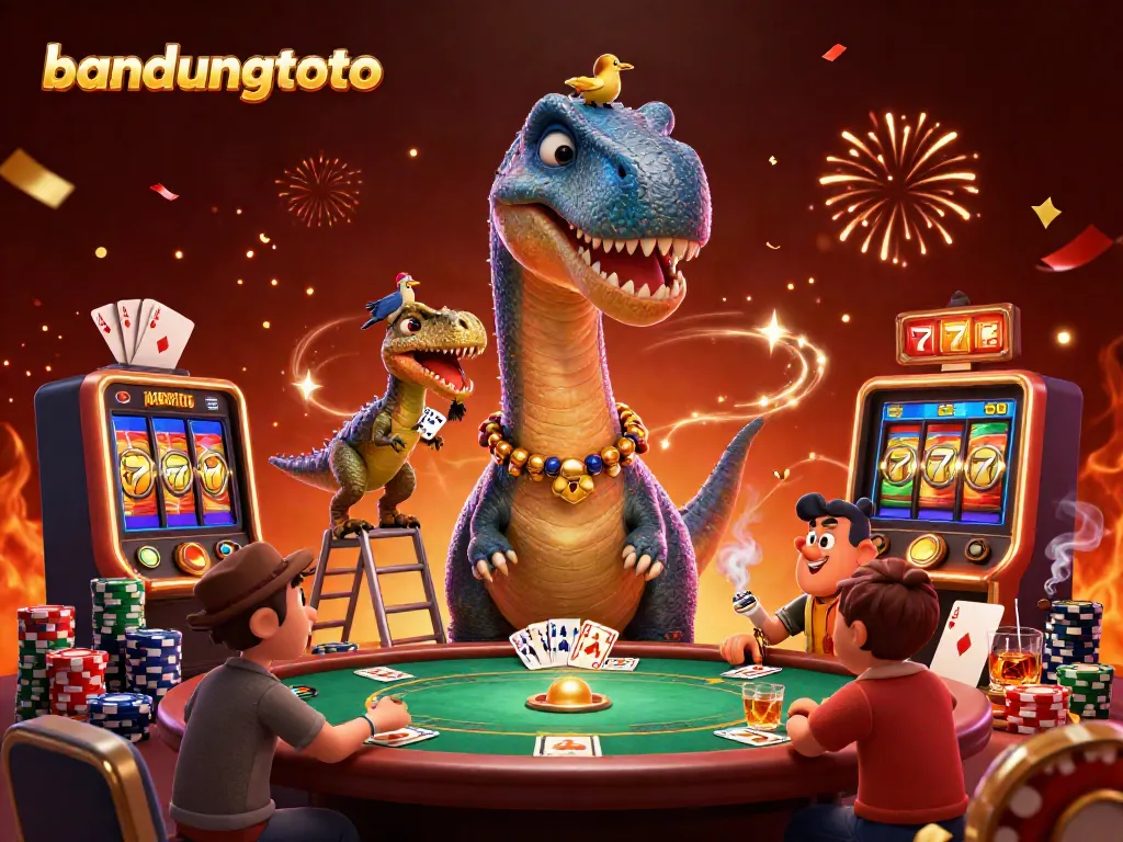 Experience the excitement with bandungtoto's vibrant 3D virtual casino scene featuring dinosaurs and dynamic game elements.