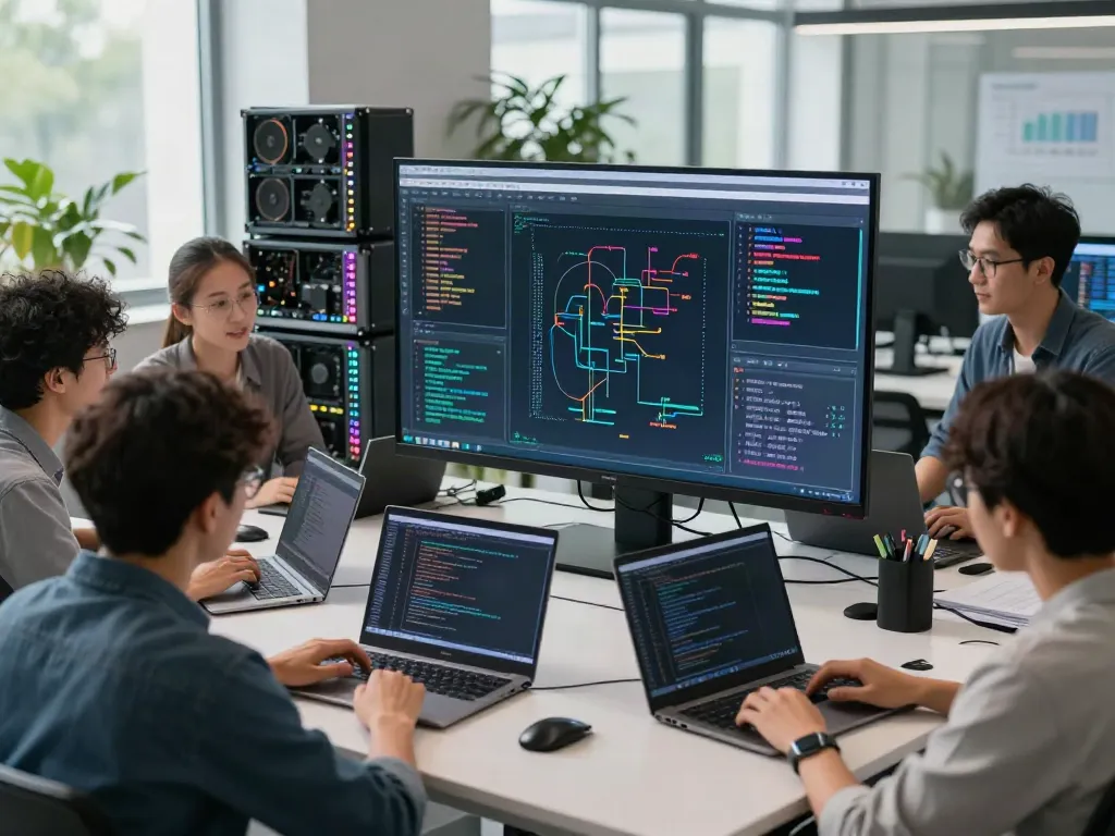Diverse professionals collaborating on GPU computing in a modern AI workspace.