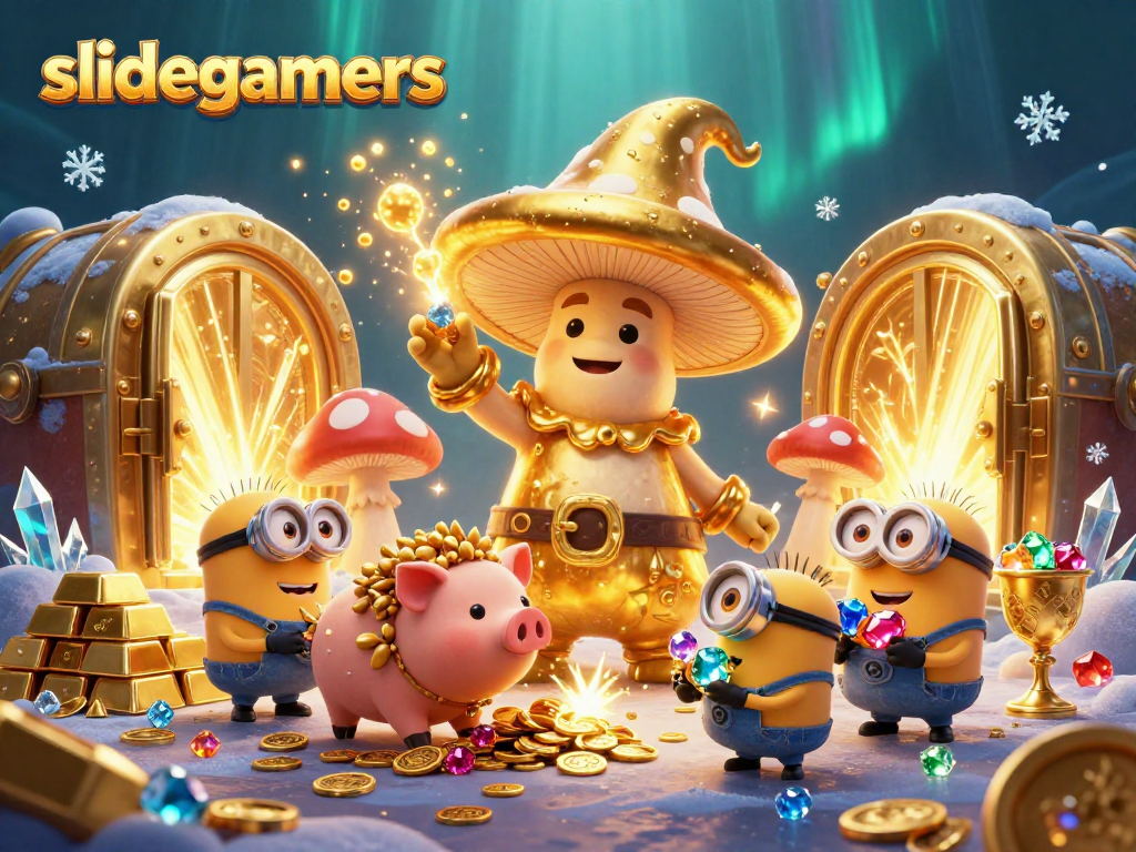 Players engage with slidegamers, discovering golden treasures amidst vibrant 3D gaming magic.