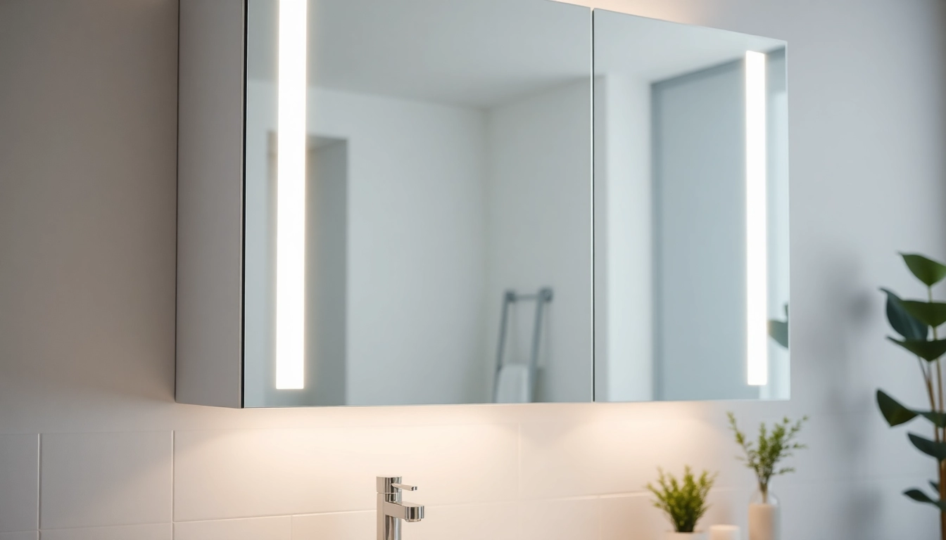 Spiegelschrank Bad mit Beleuchtung in modernem Badezimmer, stilvolles Design und sanftes Licht.