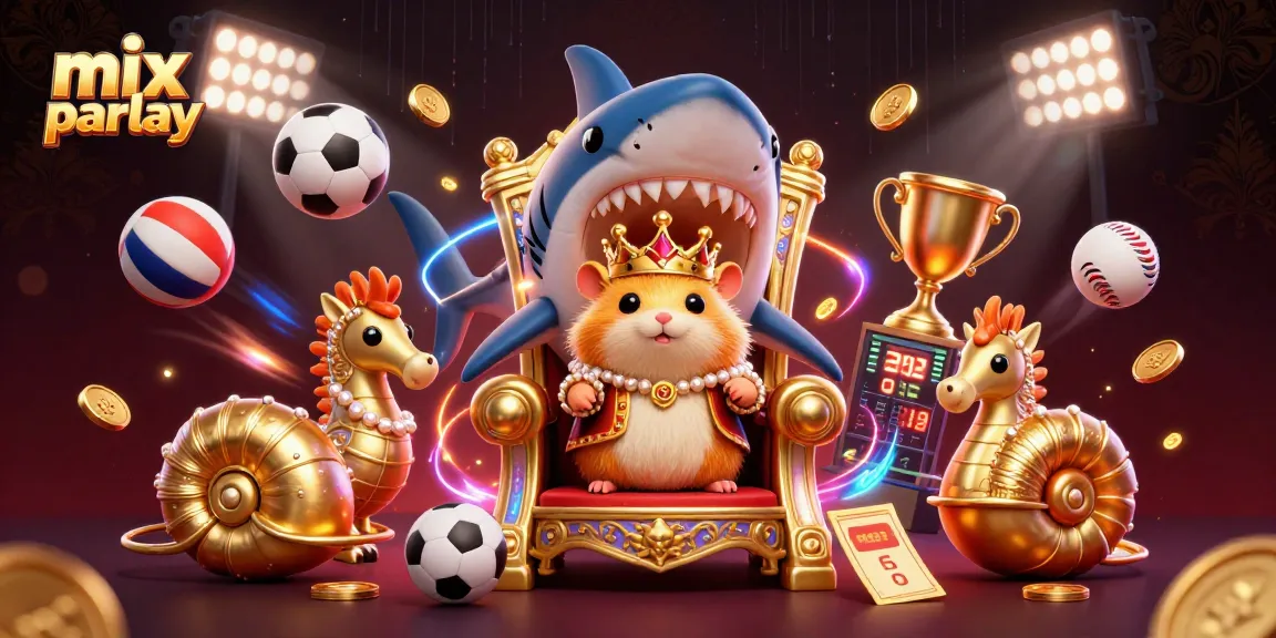 Engage in mix parlay betting with a vibrant 3D scene of a powerful hamster king and sports elements.