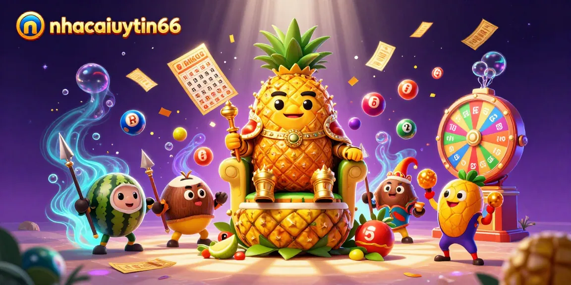 Experience vibrant gaming fun with nhacaiuytin66, featuring a golden pineapple king and dynamic casino elements.