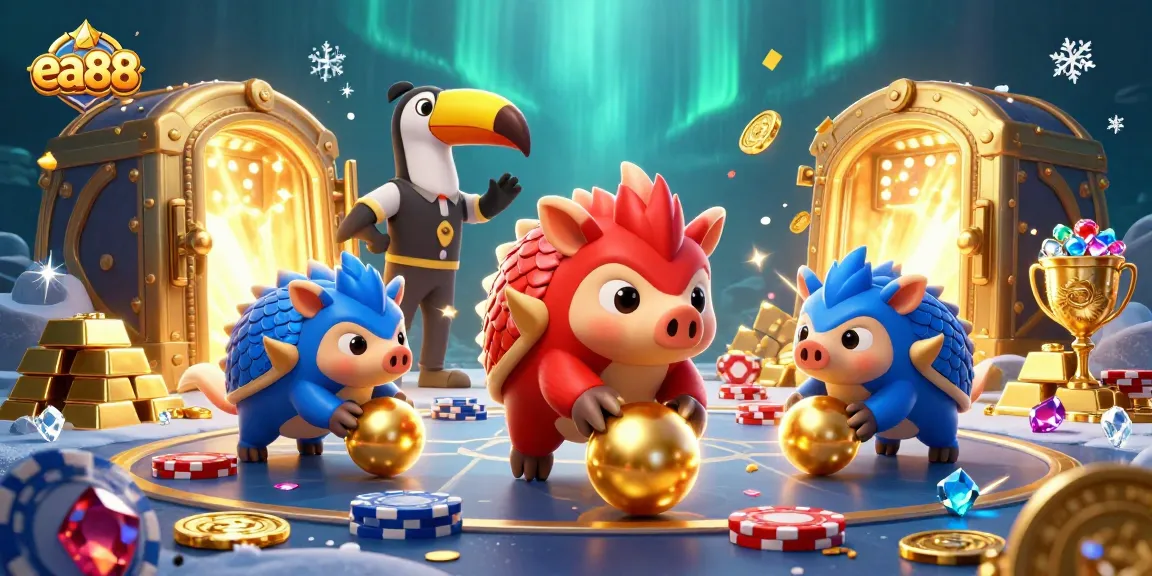 ea88 pangolins bowling through poker chips in a vibrant casino-themed illustration.