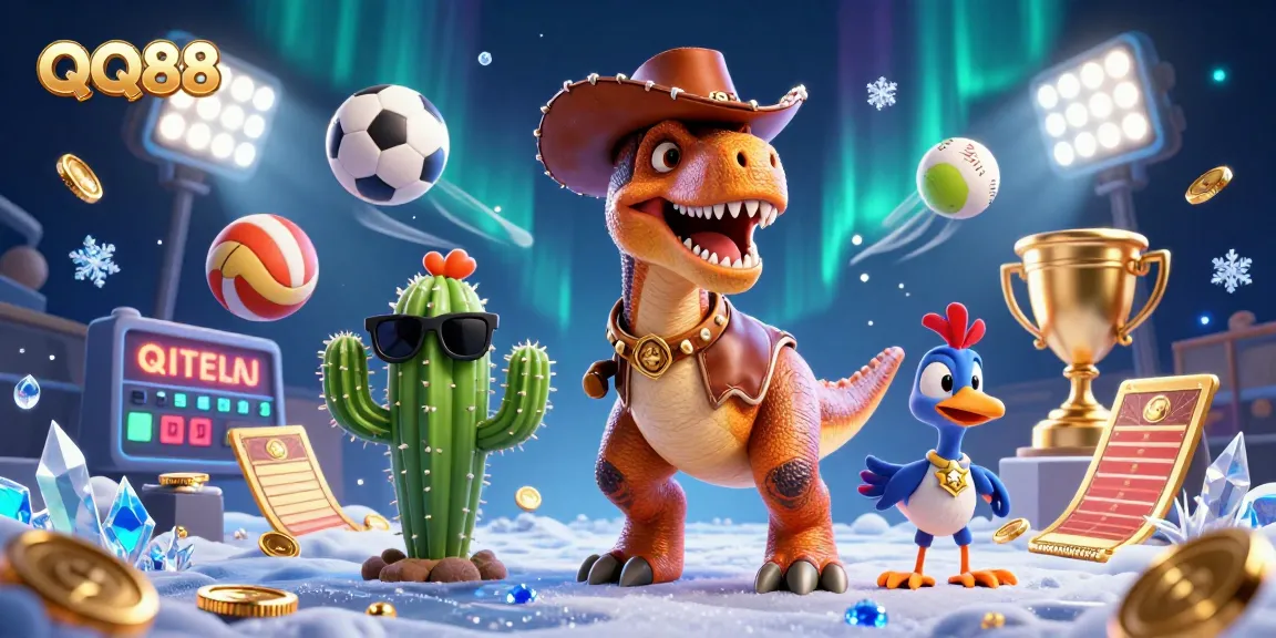 Experience the excitement of QQ88 with dynamic sports and casino elements in this vibrant 3D scene.