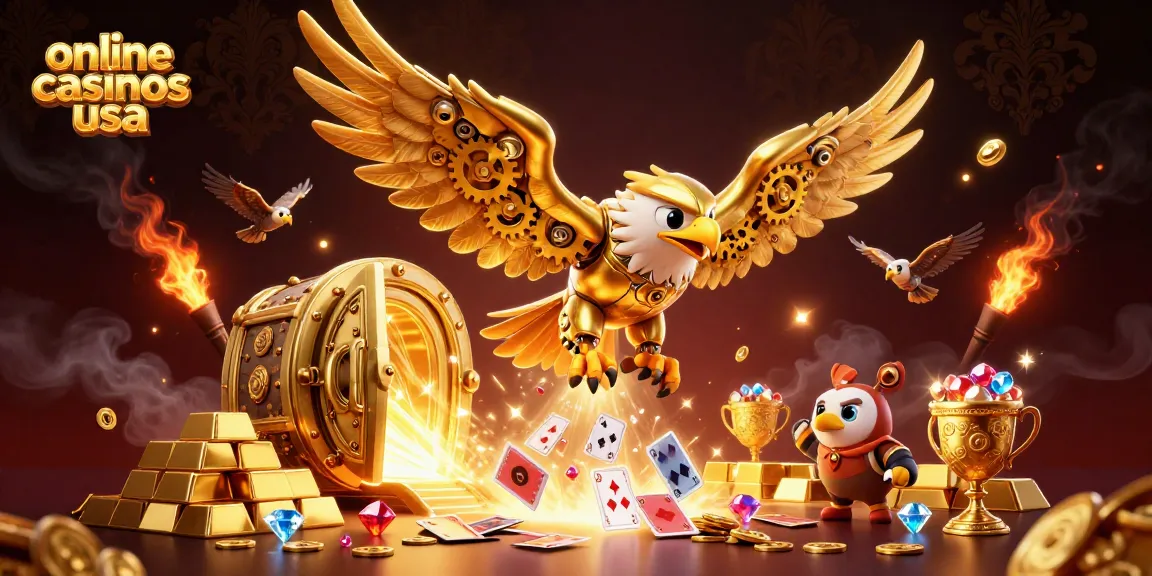 Experience excitement at online casinos USA with golden eagle and holographic cards scene.