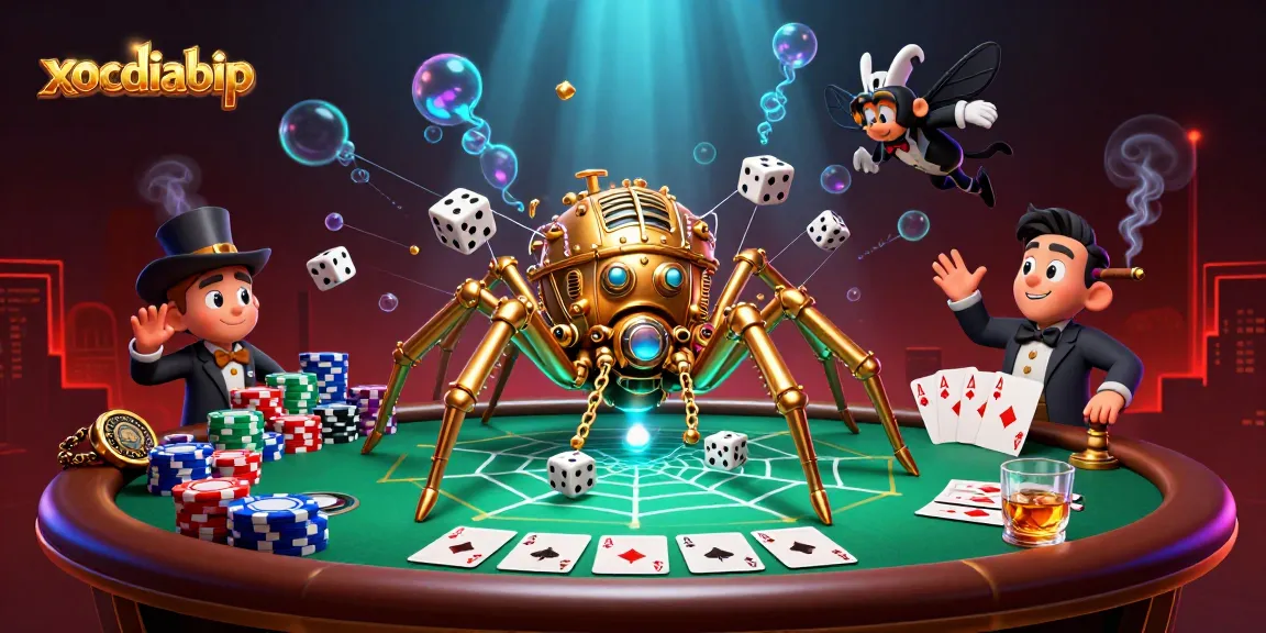 xocdiabip showcases a steampunk spider captivating dice at a dynamic poker scene filled with chips and cards.
