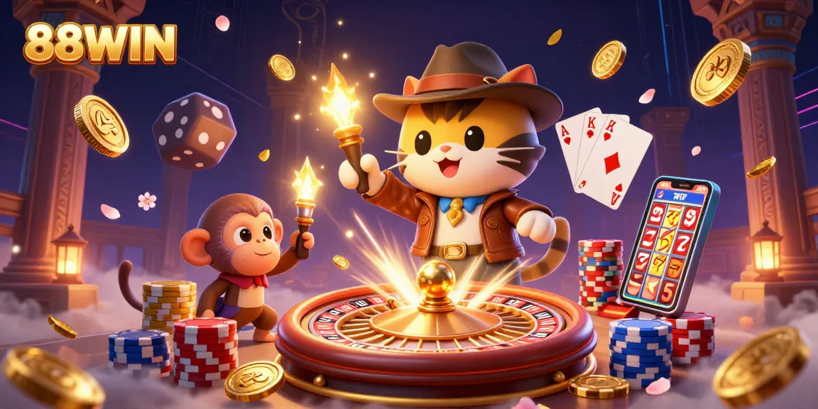 Engage with the thrill of 88WIN as the explorer cat uncovers golden casino treasures amidst vibrant visuals and epic gameplay.