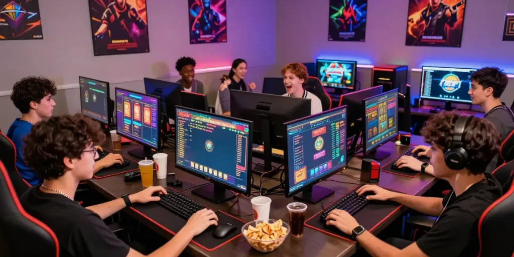Exciting group playing slot gacor games in a modern gaming lounge.