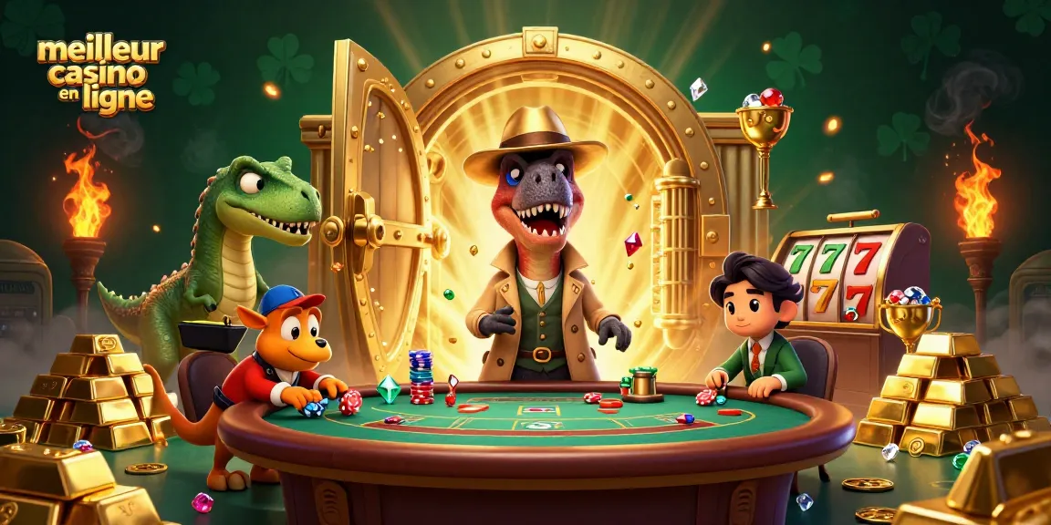 Illustration 3D captivante du meilleur casino en ligne avec un velociraptor au blackjack et des éléments de jeu