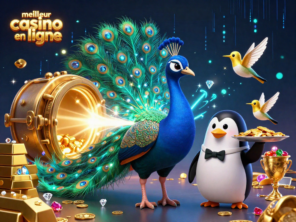 Vivez l'expérience du meilleur casino en ligne avec un paon majestueux, un pingouin avec des jetons d'or et un colibri en diamants.