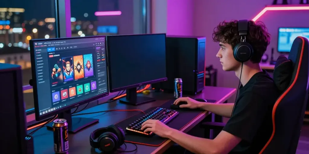 situs slot gacor gaming room showcasing immersive atmosphere with colorful LEDs and gaming accessories