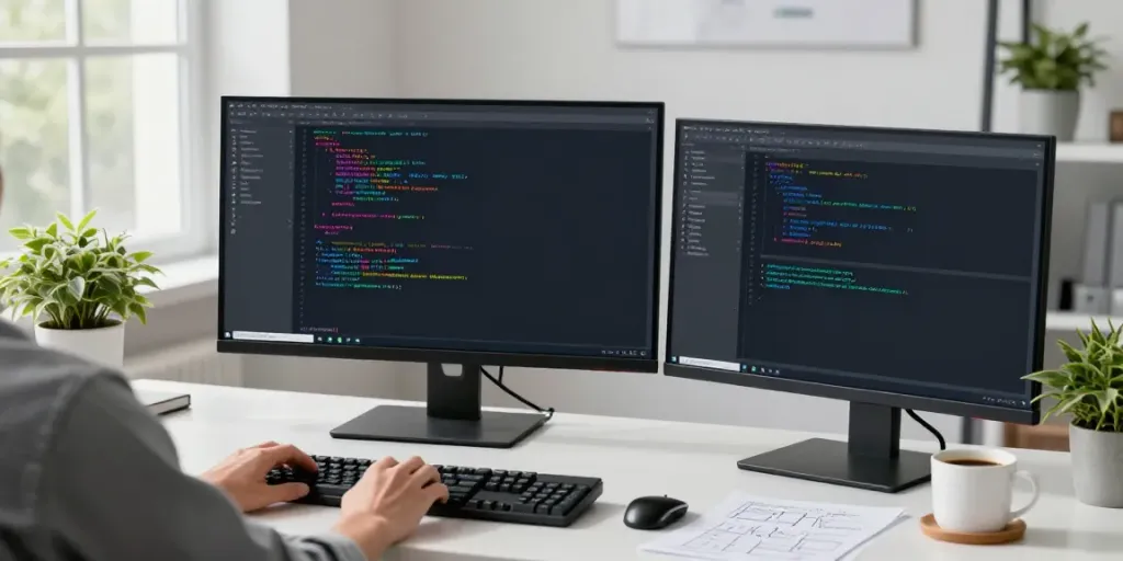 Developer using Notepad++ on dual monitors with colorful syntax highlighting at https://notepad-app.co/ in a modern workspace.