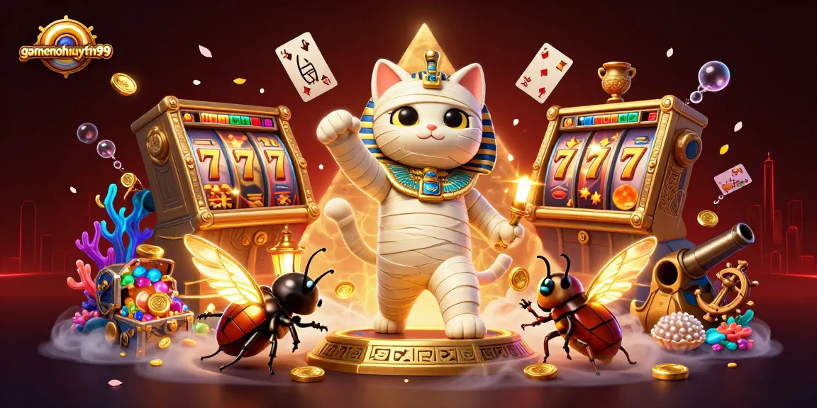 Join the fun at gamenohuuytin99, where an Egyptian mummy cat emerges in a vibrant casino filled with slot reels.
