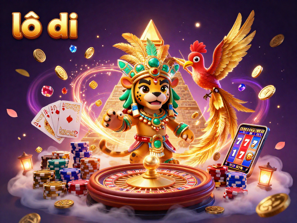 Experience thrilling lô đề gameplay with a Mayan jaguar priest, quetzal bird, and vibrant casino elements.