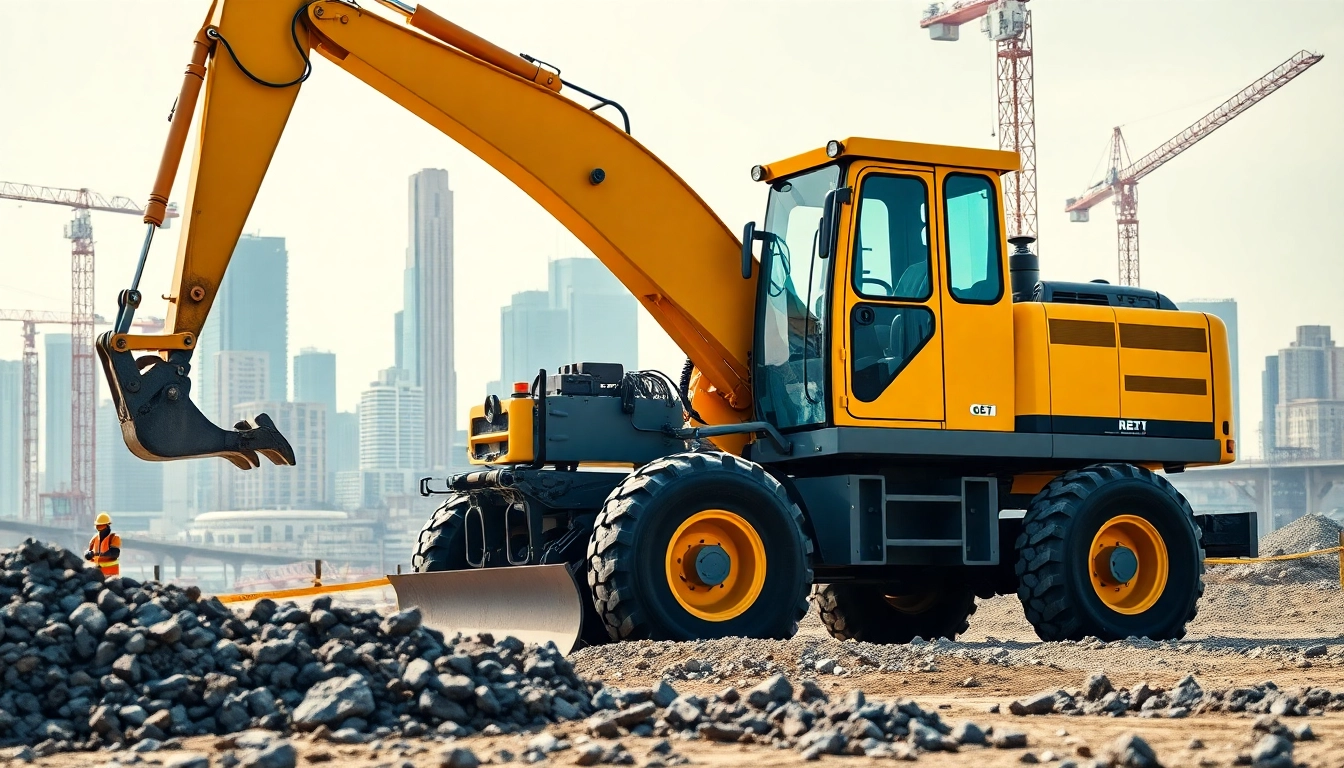 Gradal excavator operational on a busy construction site, showcasing mobility.
