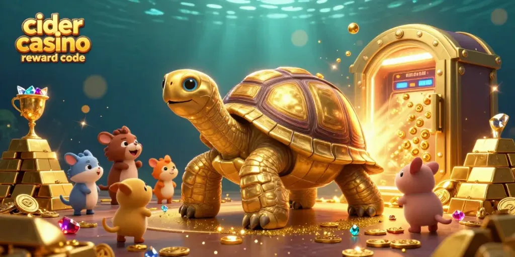 Experience the excitement of Cider Casino reward code with vibrant 3D illustration highlighting golden tortoise and treasures.