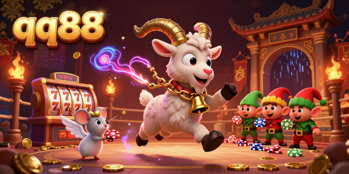 Engage with the thrilling qq88 casino experience in a festive 3D cartoon scene filled with action.