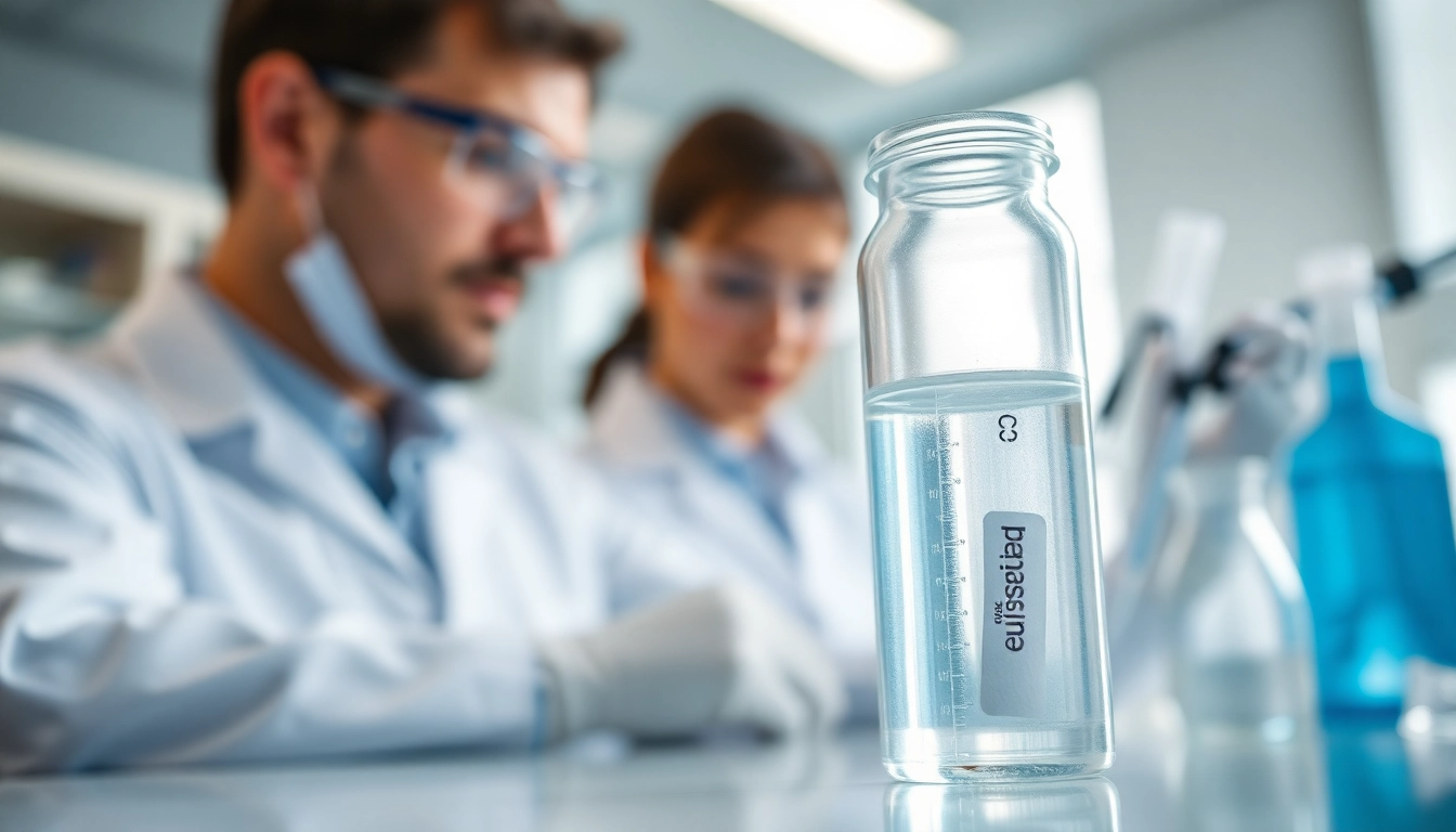 Scientist examining dimethylsulfoxide in a laboratory setting, showcasing research activities.
