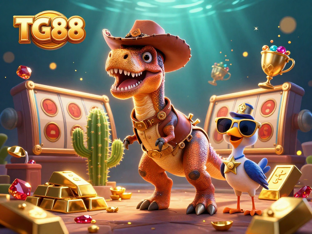Play slots at TG88 with T-Rex and friends amid sparkling treasures and inviting gaming atmosphere.