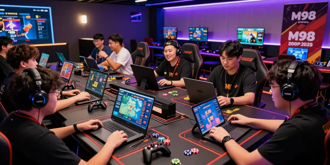 M98 ล๊อตเว็บตรง 2026 players enjoying an exciting high-stakes game in a vibrant gaming lounge atmosphere.