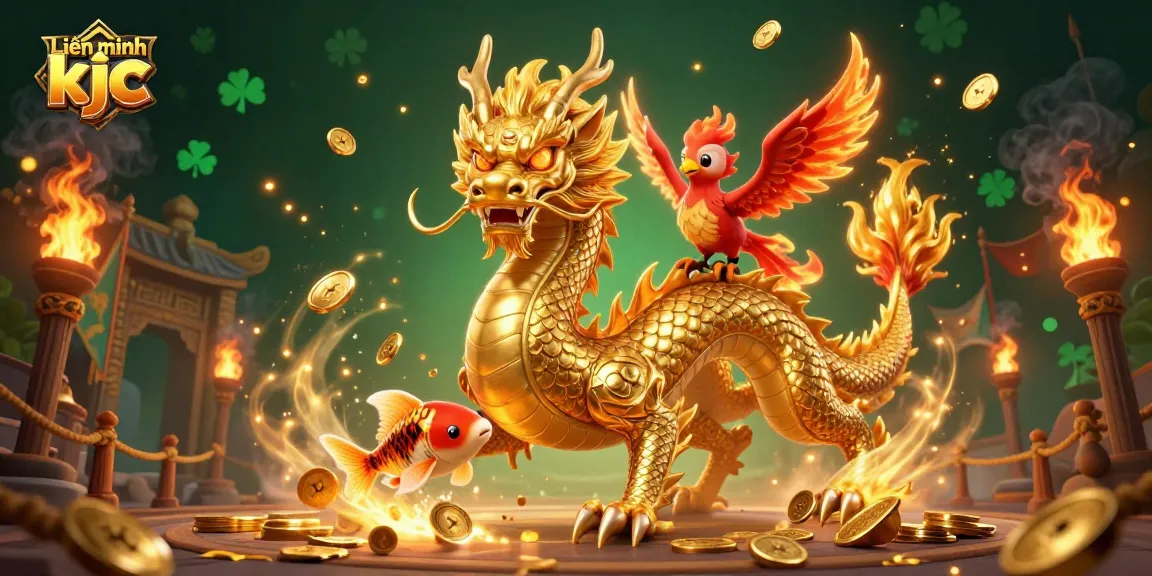 Experience thrilling gameplay with Liên minh kjc as the golden dragon and phoenix soar amidst coins and vibrant casino elements.