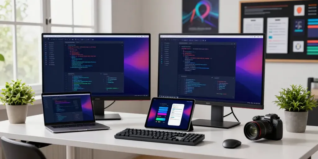 Developer coding in a modern workspace with tools for Android apps, showcasing h5.2113.net innovation.