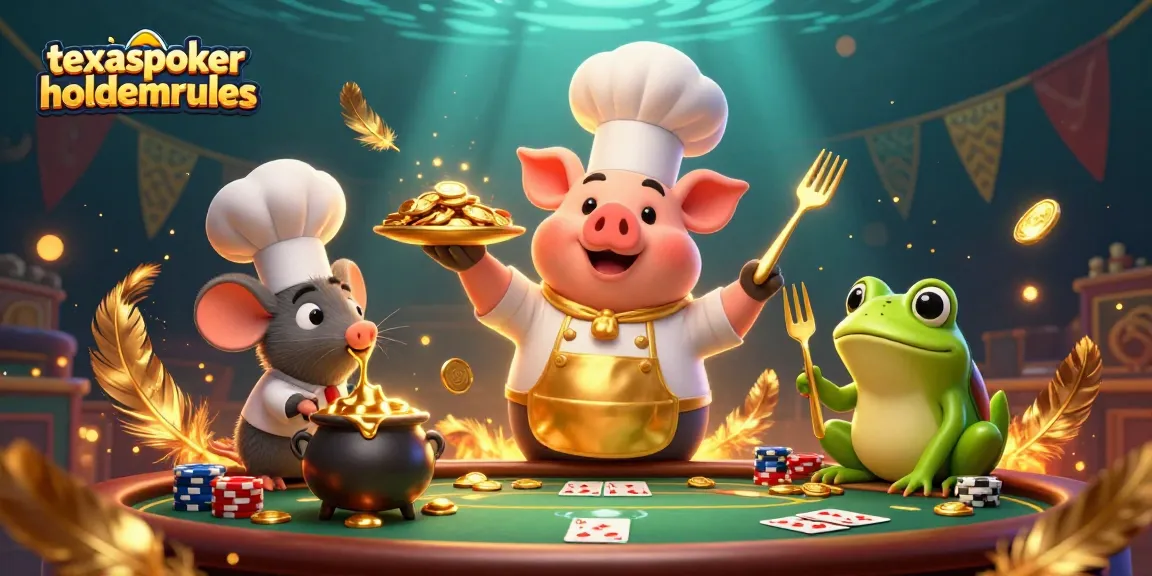 Engage with texaspokerholdemrules through a vibrant 3D scene of poker excitement with a chef pig and friends.