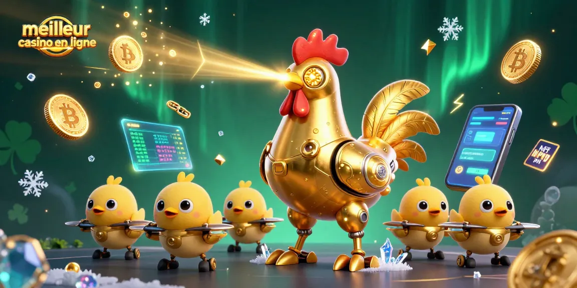 Découvrez le meilleur casino en ligne avec notre illustration captivante d'un robot doré et des drones, jouant aux jeux de casino.