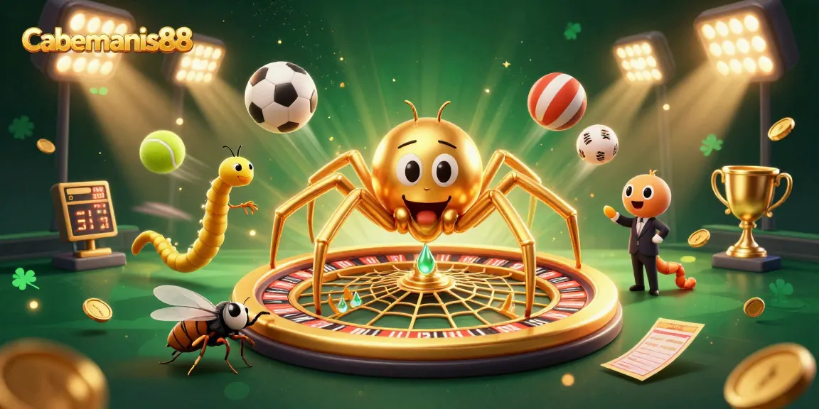 Experience the excitement of Cabemanis88 at this vibrant 3D illustration of a golden roulette web and a betting fly.