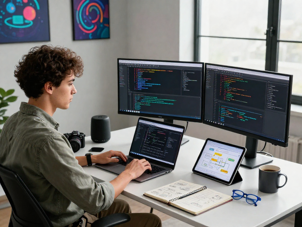 Developer working on AI 18+ project in modern workspace with dual monitors and vibrant decor.