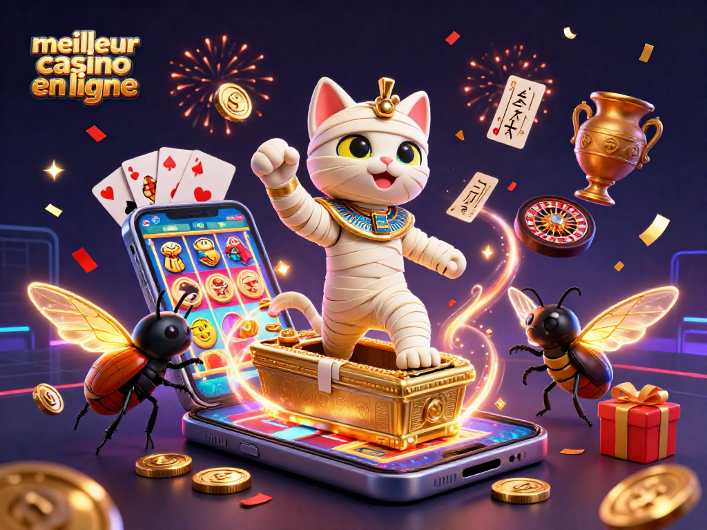 Explorez le meilleur casino en ligne avec une illustration dynamique unissant un chat momie égyptien et un scarabée doré.