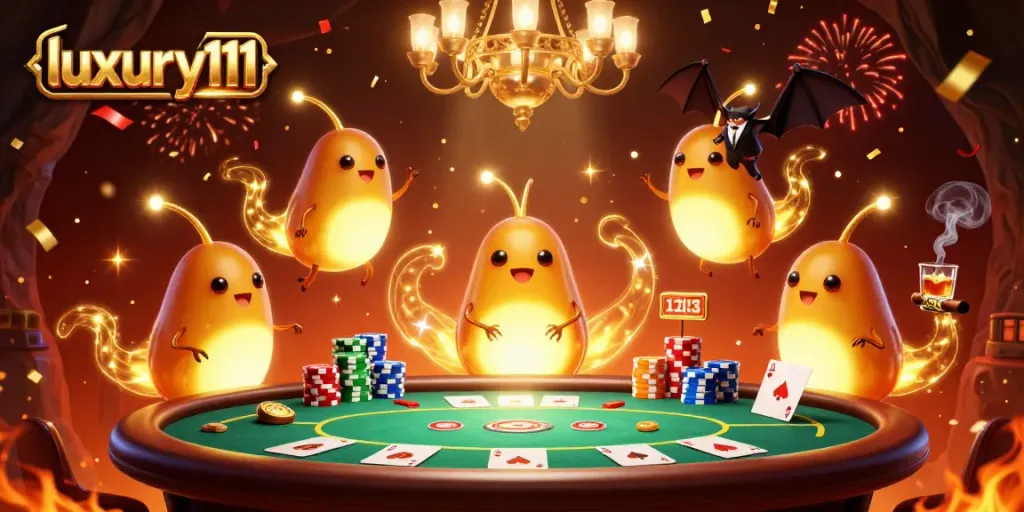 Experience luxury111 with glowing glowworms in an animated casino scene, showcasing poker elements.