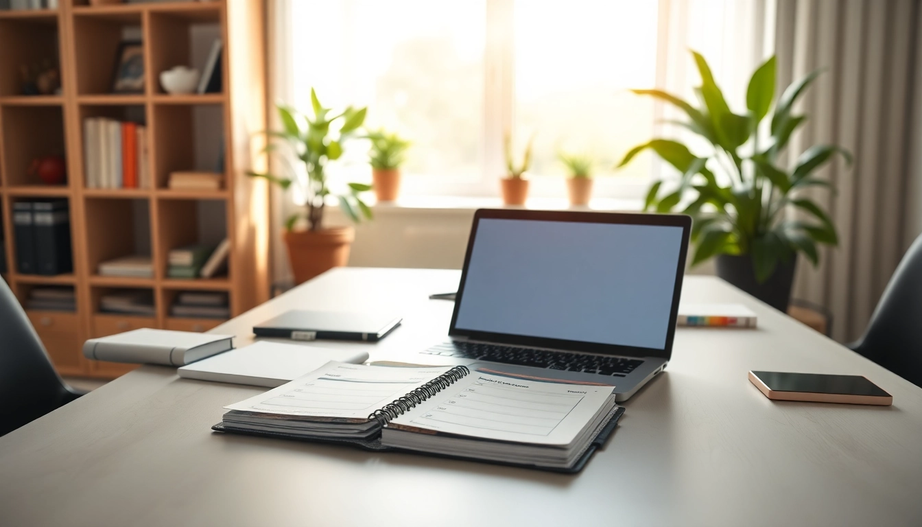 Visual guide to Seamlessly Organize Your Day through an organized workspace with laptop and planner.