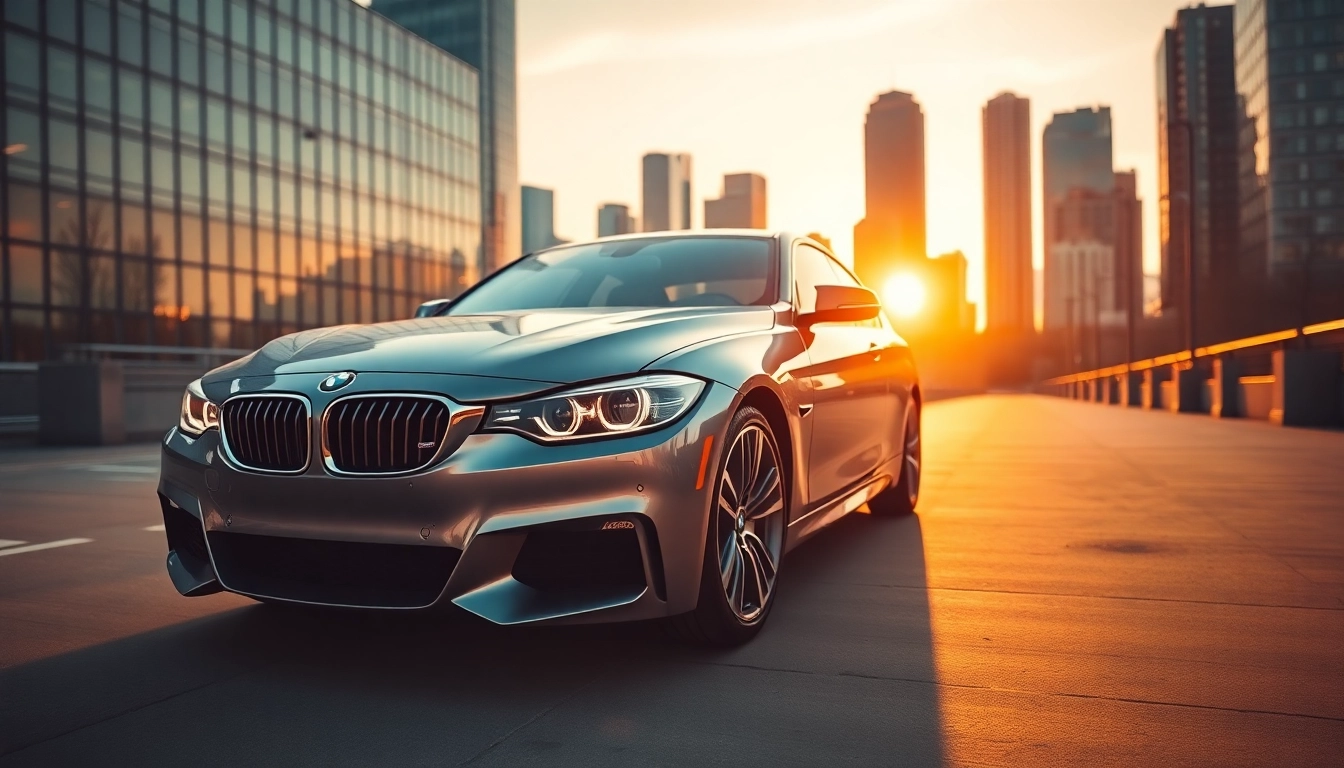 Luxury BMW car featuring sleek design, shining with sunset reflections in urban background.