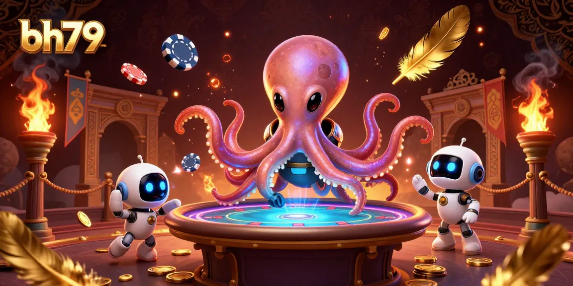bh79 showcases an alien octopus playing poker amidst energizing and vibrant casino elements.