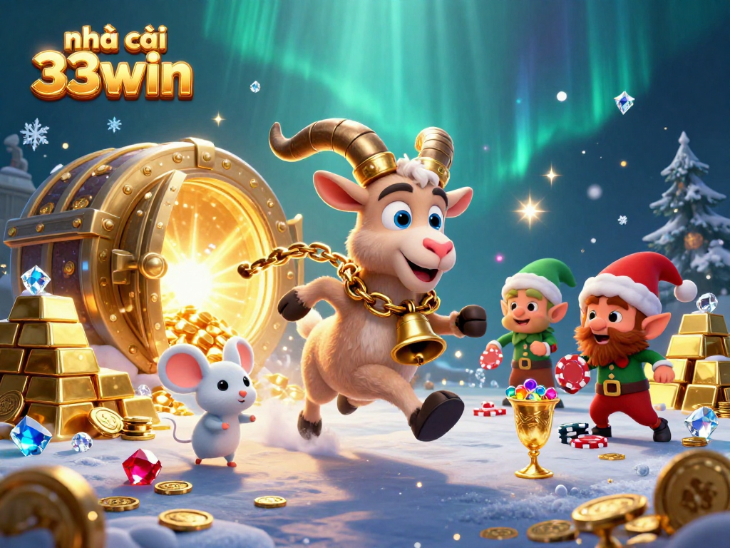 Engage with nhà cái 33win: a lively cartoon casino scene filled with festive chaos and treasure.