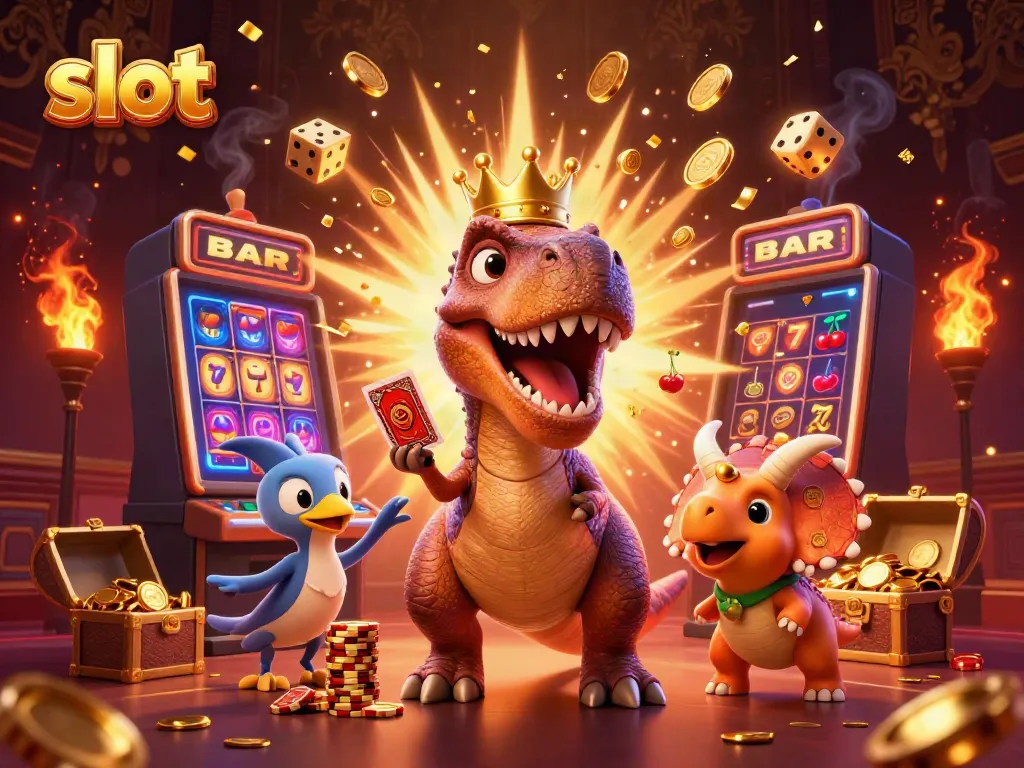 Mesin slot memegang kartu dengan T-Rex dan teman-teman dinosaurus lainnya, menggambarkan suasana kasino yang meriah.