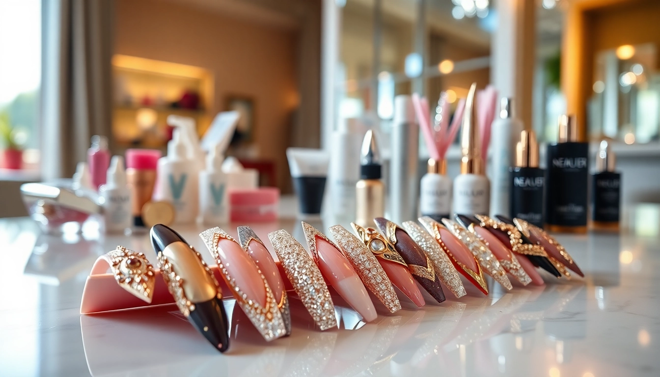 Nail extensions showcasing intricate designs and styles on a salon table.