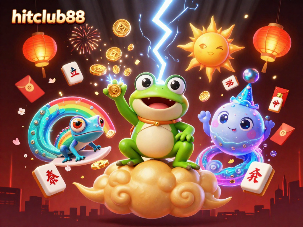 Join the excitement with hitclub88 as the weather wizard frog conjures golden coins in a vibrant casino scene.