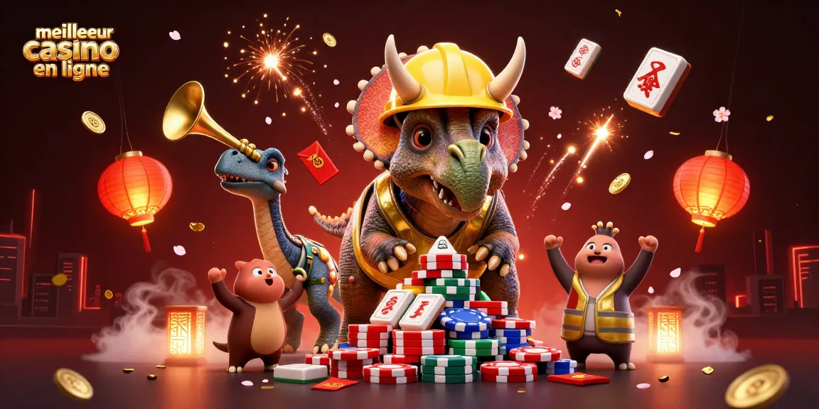 Découvrez le meilleur casino en ligne avec un triceratops et un parasaurolophe célébrant autour de jetons de poker.